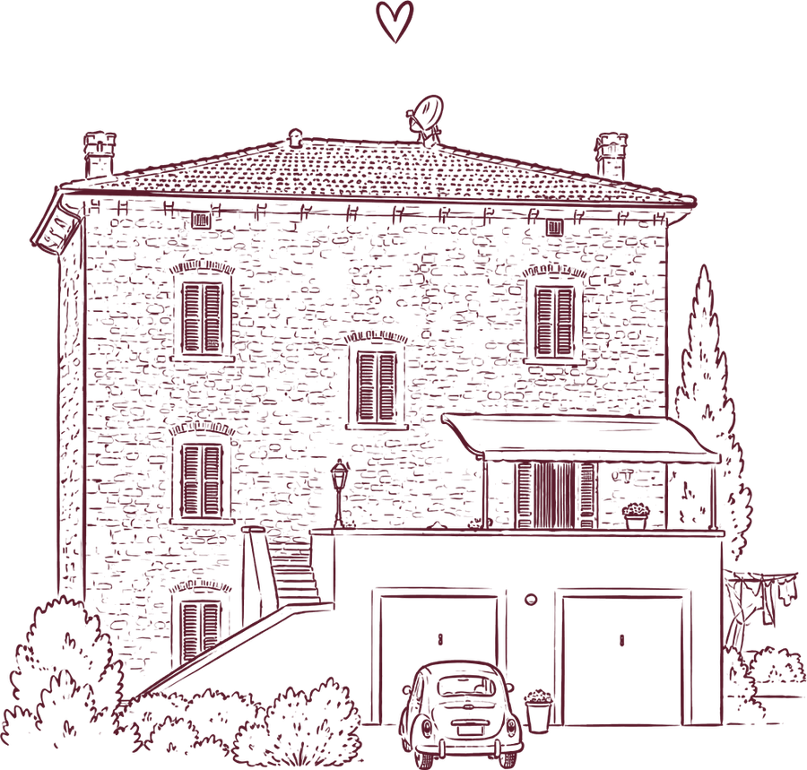 Tekening van het stenen familiehuis in Ciggiano, met luiken, een cipres en een Fiat 500 voor de garage.